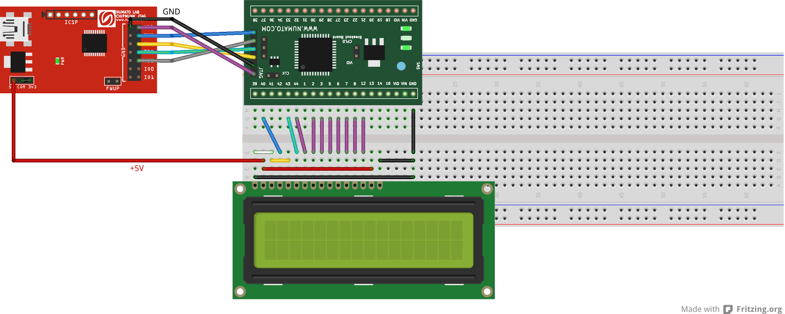 16×2 Character LCD interfacing with Xilinx CPLD Breakout Board and Chipmunk JTAG